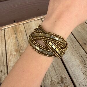 Vintage Mixed Metal Beaded Cuff Bracelet Boho Wide Multi Strand Brass